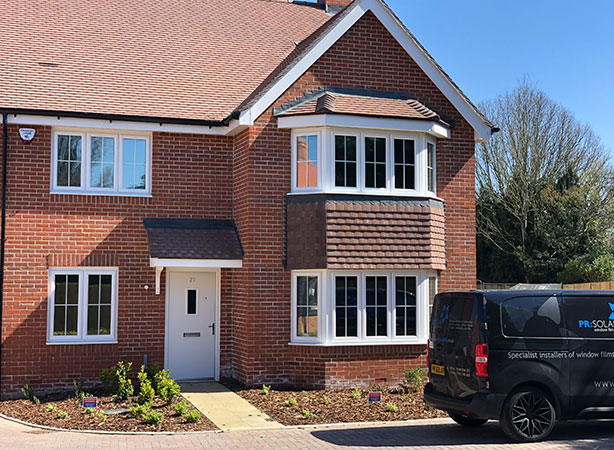 Solar window film installed on patio doors